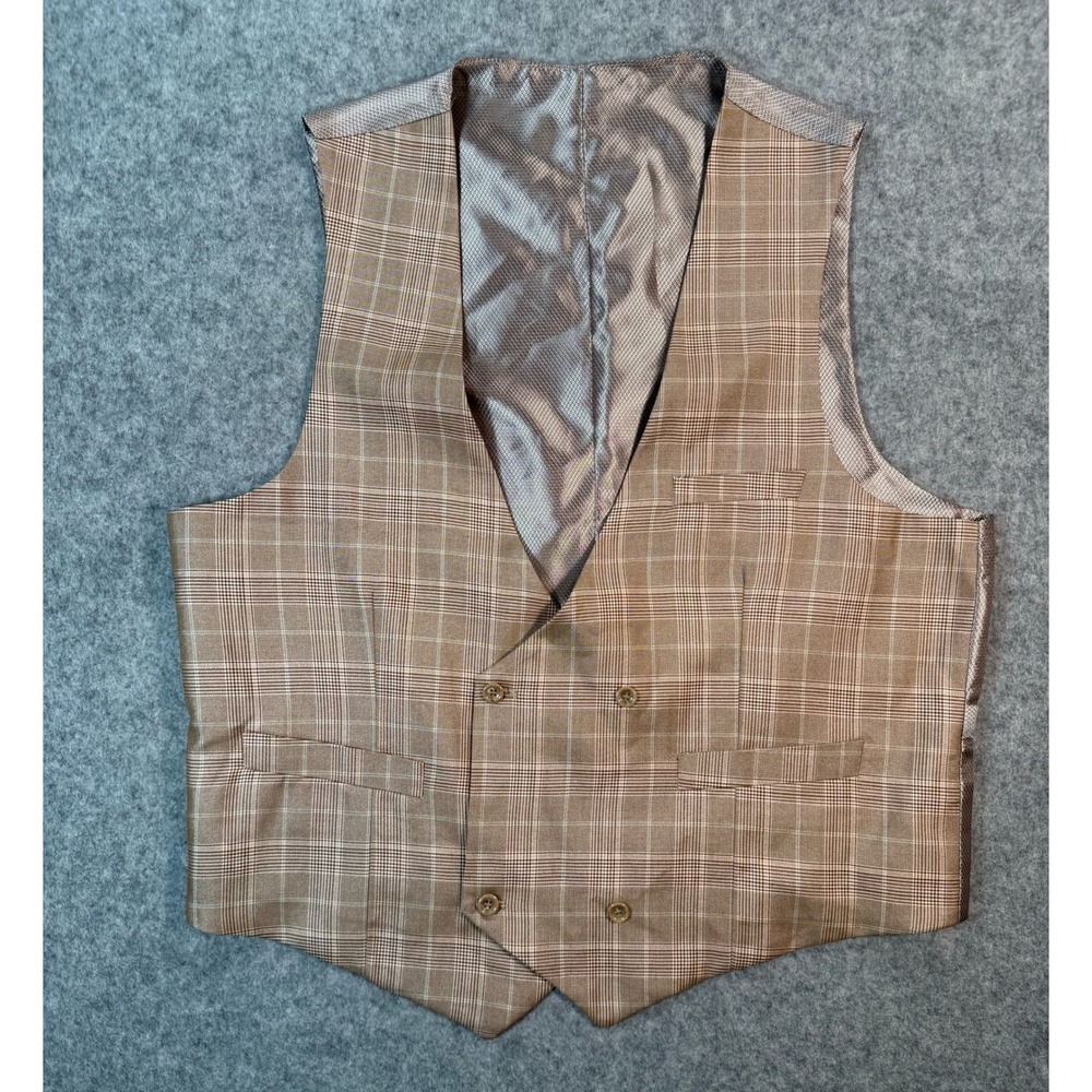 Vintage Mens Double Breasted Plaid Suit Vest Tan Brown Glen Check Waistcoat 44R